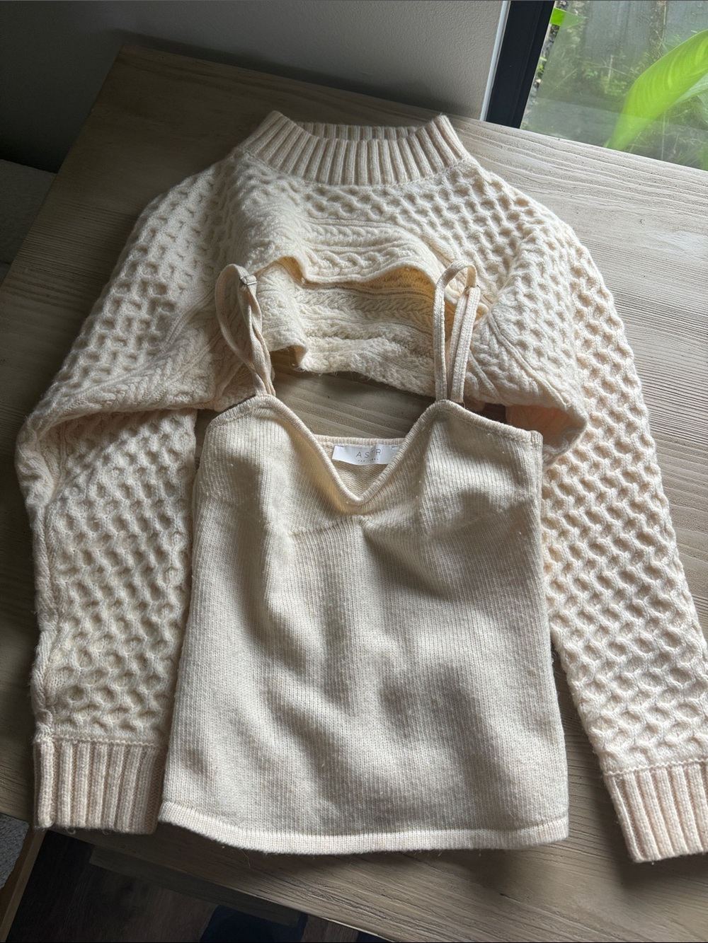 Astr Cream Cable-Knit Turtleneck and Ribbed Tank Set